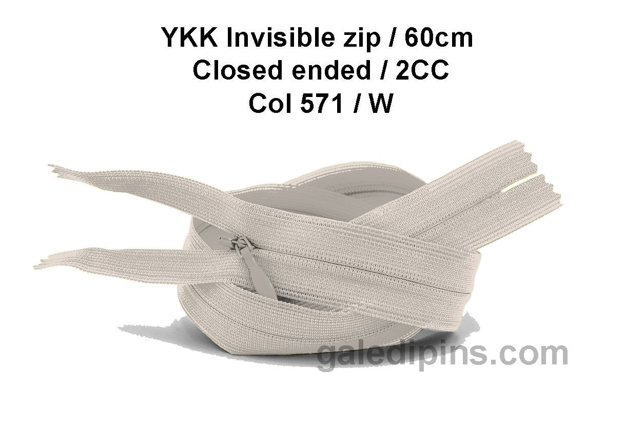 YKK Closed Ended Invisible 60cm Zip, 2cc - SHADE CARD U to Y - Galedi Pins