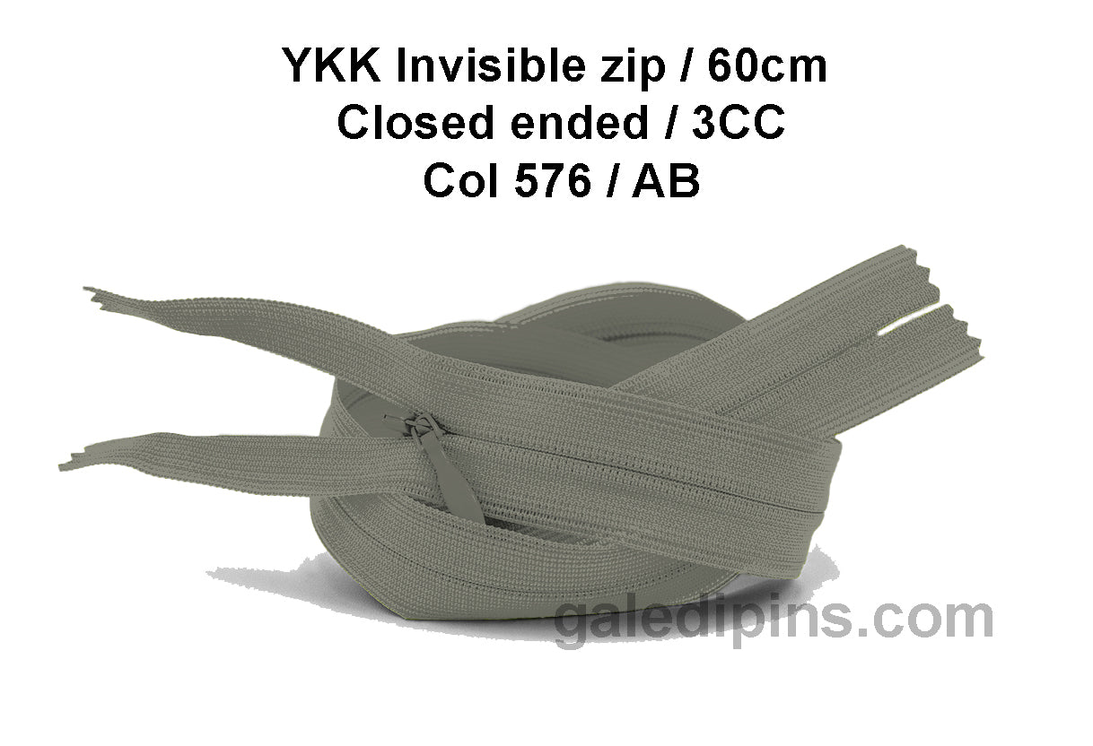 YKK Closed Ended Invisible 60cm Zip, 3cc - SHADE CARD Z to AD - Galedi Pins
