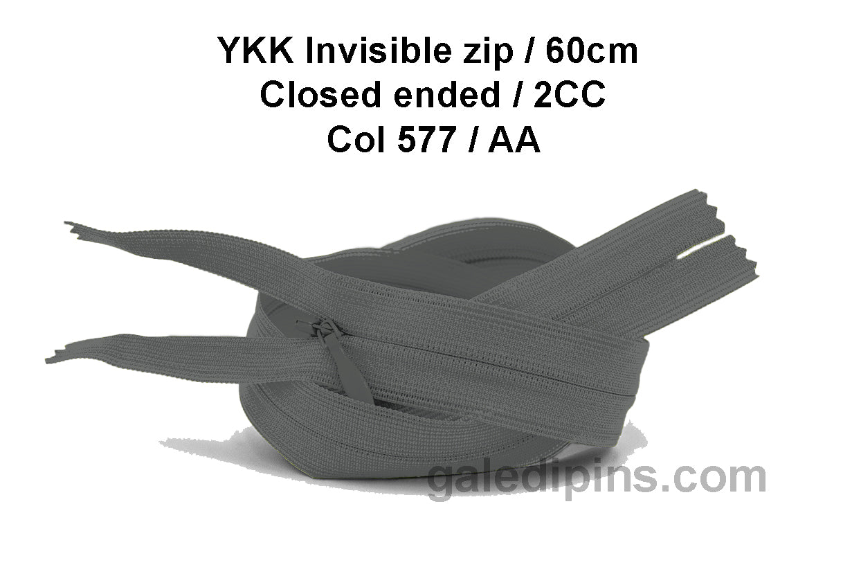 YKK Closed Ended Invisible 60cm Zip, 2cc - SHADE CARD Z to AD - Galedi Pins