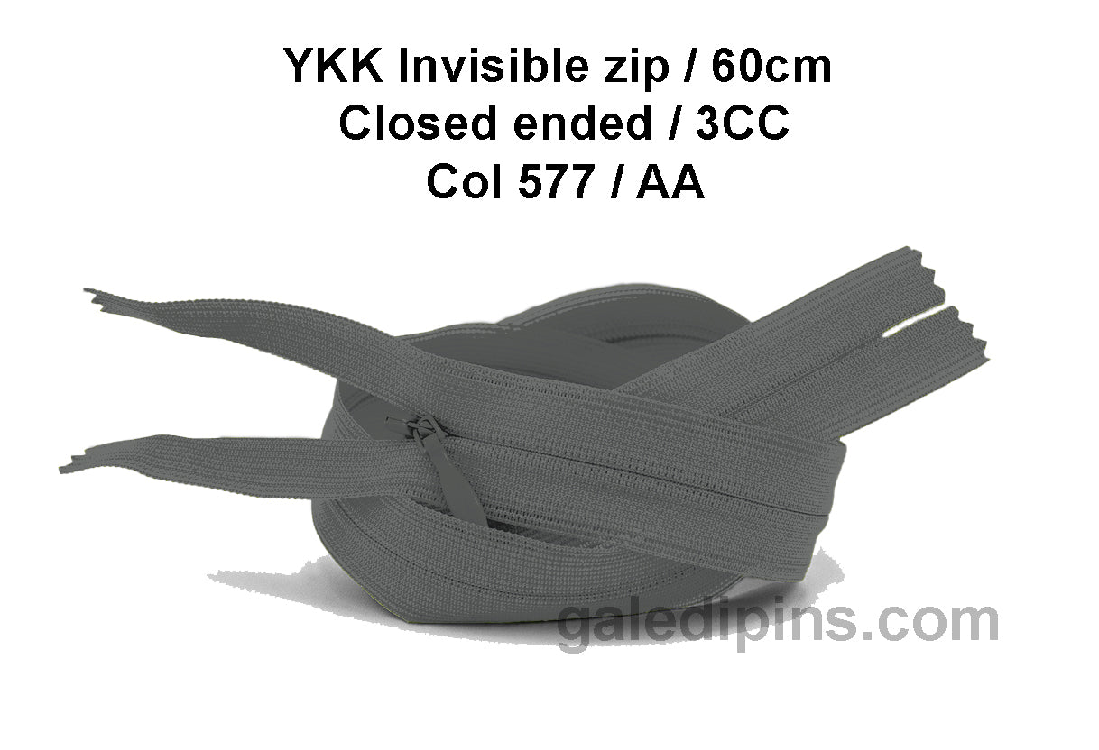 YKK Closed Ended Invisible 60cm Zip, 3cc - SHADE CARD Z to AD - Galedi Pins