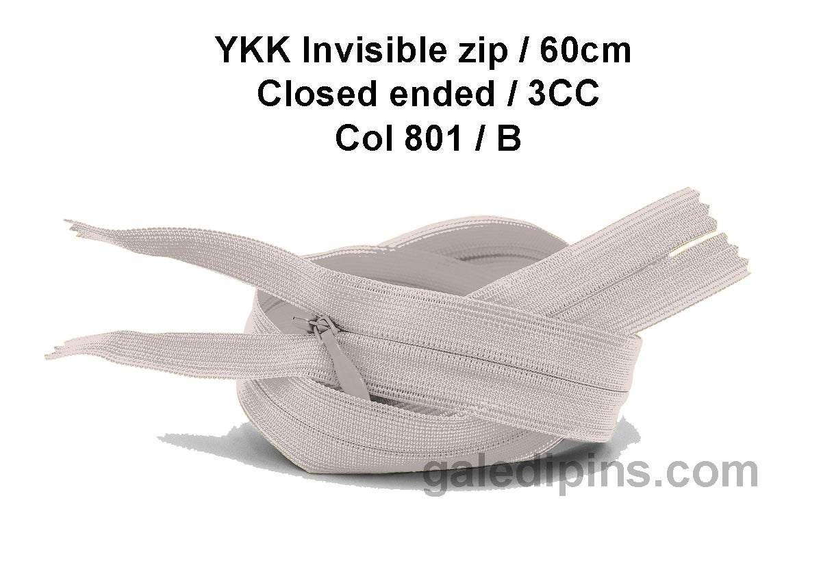 YKK Closed Ended Invisible 60cm Zip, 3cc - SHADE CARD A to E - Galedi Pins