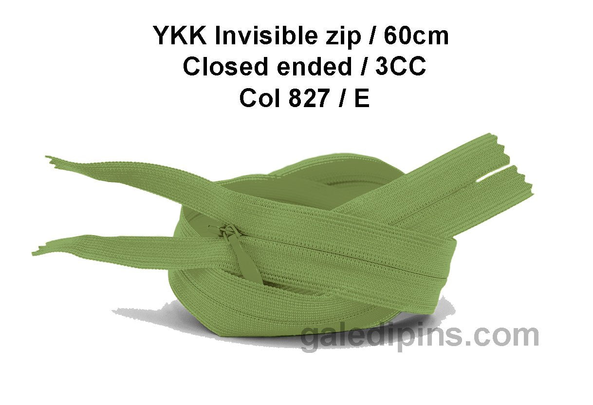 YKK Closed Ended Invisible 60cm Zip, 3cc - SHADE CARD A to E - Galedi Pins