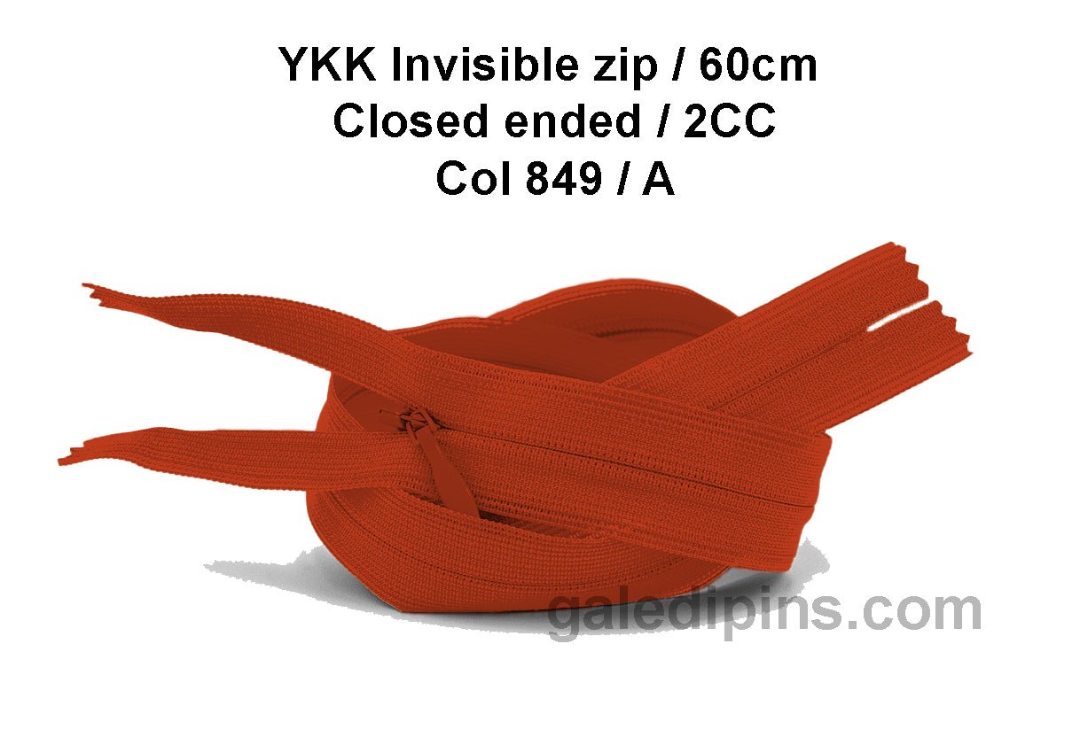 YKK Closed Ended Invisible 60cm Zip, 2cc - SHADE CARD A to E - Galedi Pins
