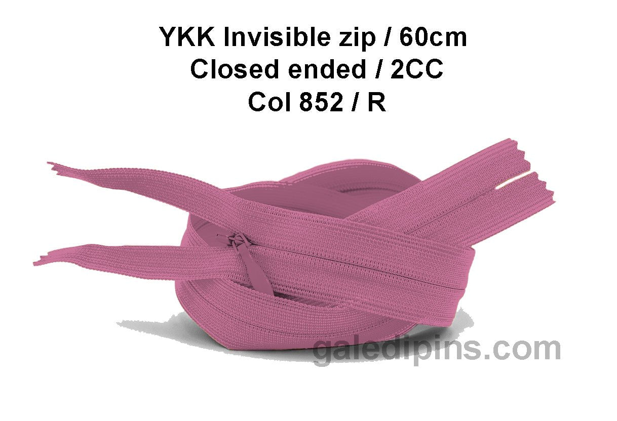 YKK Closed Ended Invisible 60cm Zip, 2cc - SHADE CARD P to T - Galedi Pins