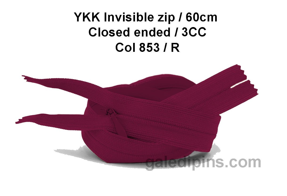 YKK Closed Ended Invisible 60cm Zip, 3cc - SHADE CARD P to T - Galedi Pins