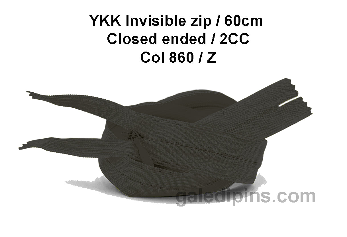 YKK Closed Ended Invisible 60cm Zip, 2cc - SHADE CARD Z to AD - Galedi Pins