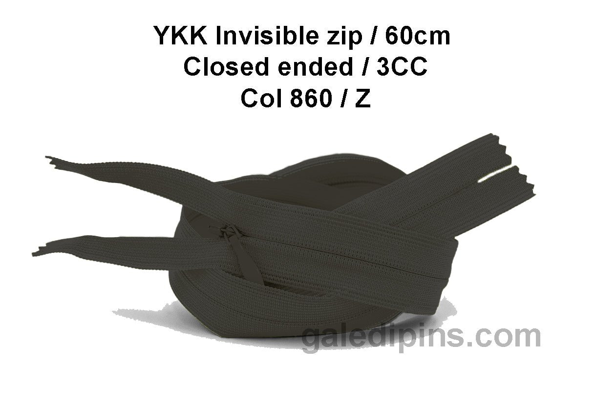 YKK Closed Ended Invisible 60cm Zip, 3cc - SHADE CARD Z to AD - Galedi Pins