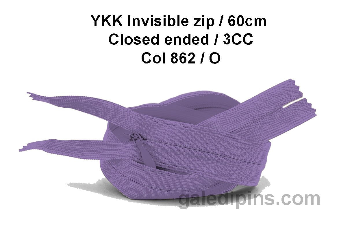 YKK Closed Ended Invisible 60cm Zip, 3cc - SHADE CARD K to O - Galedi Pins