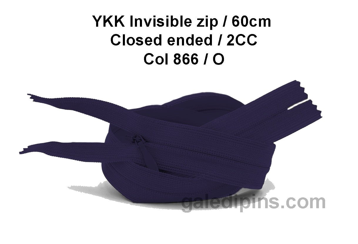YKK Closed Ended Invisible 60cm Zip, 2cc - SHADE CARD K to O - Galedi Pins