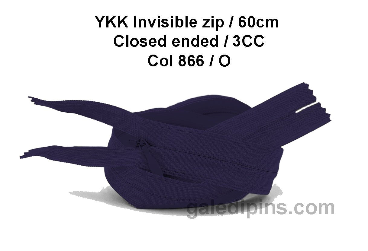 YKK Closed Ended Invisible 60cm Zip, 3cc - SHADE CARD K to O - Galedi Pins