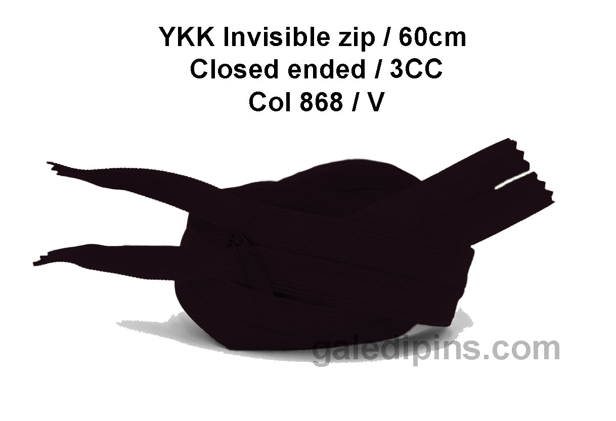 YKK Closed Ended Invisible 60cm Zip, 3cc - SHADE CARD U to Y - Galedi Pins