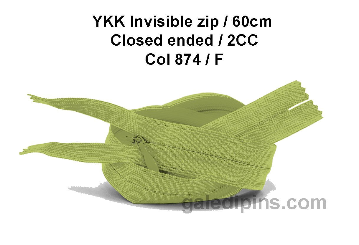 YKK Closed Ended Invisible 60cm Zip, 2cc - SHADE CARD F to J - Galedi Pins