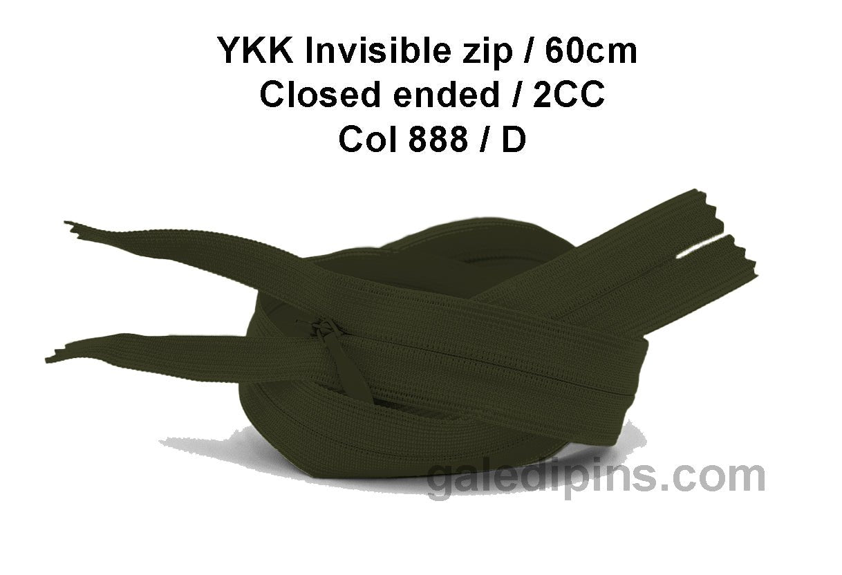 YKK Closed Ended Invisible 60cm Zip, 2cc - SHADE CARD A to E - Galedi Pins