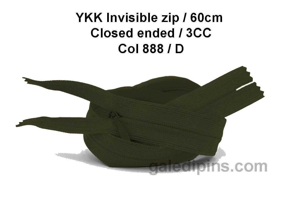 YKK Closed Ended Invisible 60cm Zip, 3cc - SHADE CARD A to E - Galedi Pins