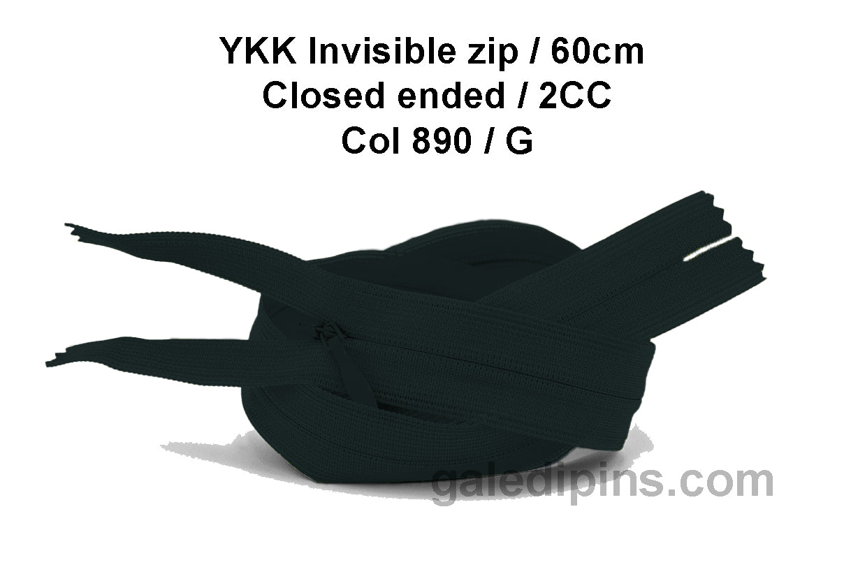 YKK Closed Ended Invisible 60cm Zip, 2cc - SHADE CARD F to J - Galedi Pins