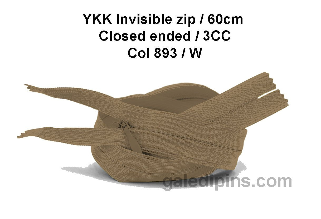 YKK Closed Ended Invisible 60cm Zip, 3cc - SHADE CARD U to Y - Galedi Pins
