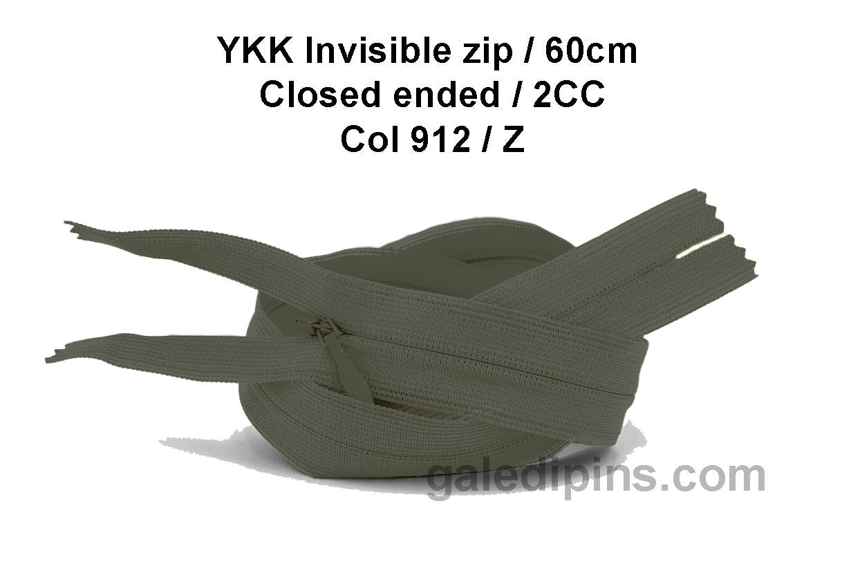YKK Closed Ended Invisible 60cm Zip, 2cc - SHADE CARD Z to AD - Galedi Pins