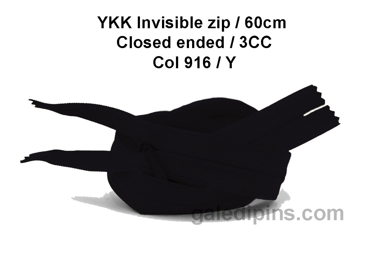 YKK Closed Ended Invisible 60cm Zip, 3cc - SHADE CARD U to Y - Galedi Pins