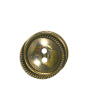 Antique finish metal button with rope edge and two holes.