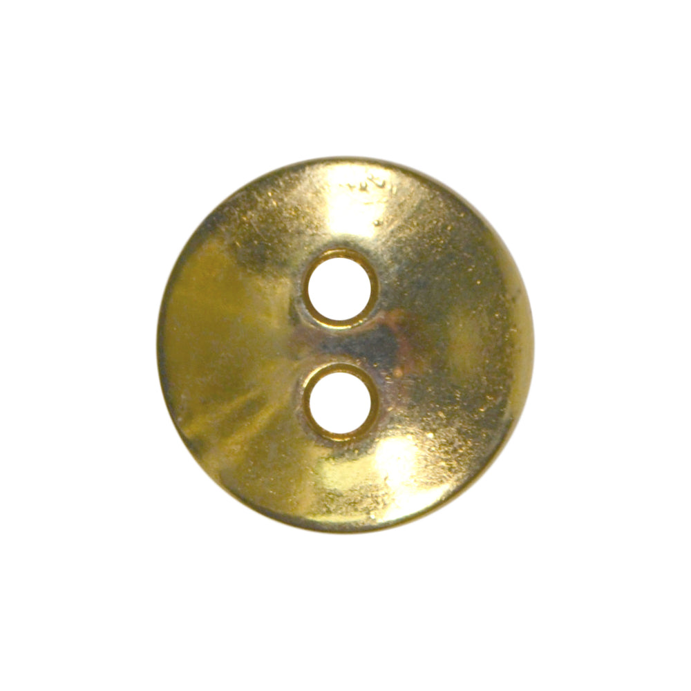 A single round, gold-colored metal button with a cup-shaped center and two sewing holes.