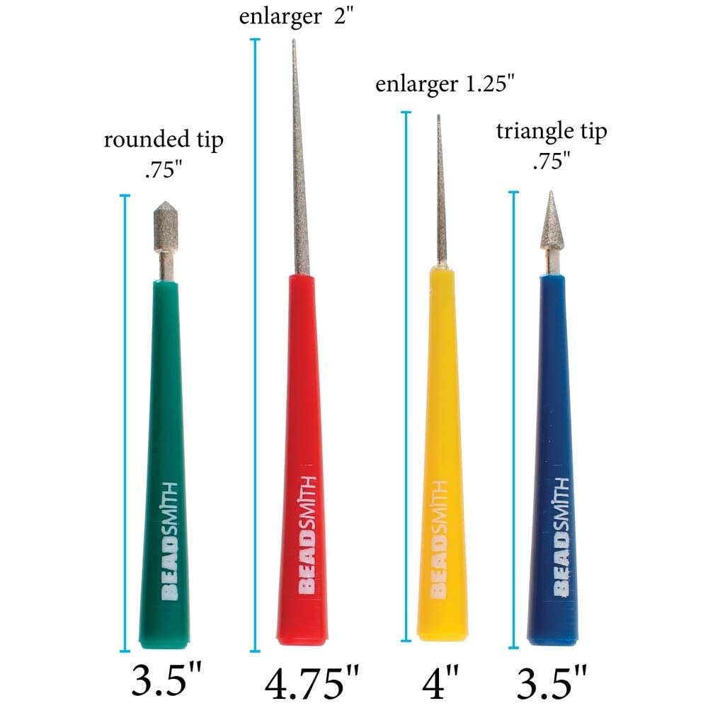 Four Beadsmith diamond-tipped bead reamers in various sizes and shapes with colorful handles.