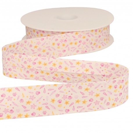 Stephanoise 25mm cotton bias binding tape with a pink and yellow seashell and starfish pattern.