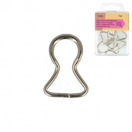 A pair of 20mm silver iron metal luggage and belt clips shown individually and in packaging.
