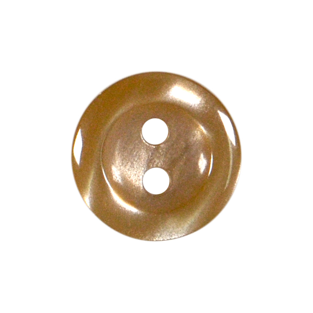 Shiny polyester 2-hole button with a light brown hue.