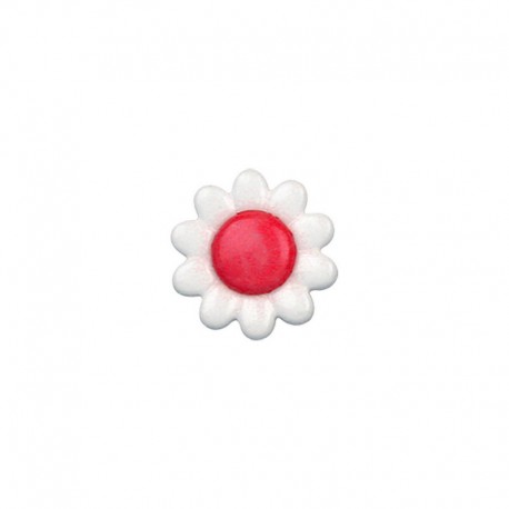 A 13mm white daisy-shaped polyamide shank button with a bright red center.