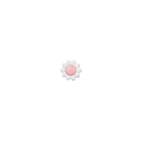 A 13mm white daisy flower shank button with a pink center made of polyamide.