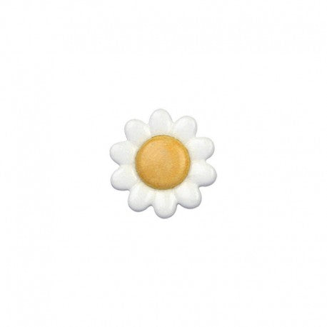 A 13mm white and yellow daisy flower polyamide shank button for sewing.