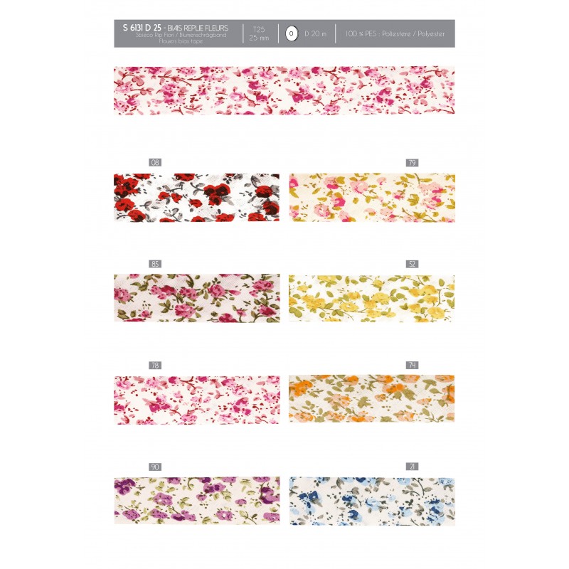 Stephanoise 25mm folded floral bias tape in various colors and patterns including pink and blue.