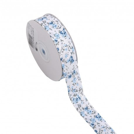 Stephanoise 25mm folded floral bias tape with a blue and grey flower pattern on a white background.