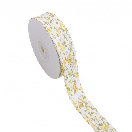 Stephanoise 25mm folded floral bias tape with a yellow and green rose pattern on white polyester.