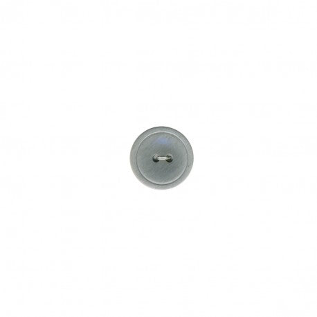 A round, granite-grey polyester button with two holes and a subtle rimmed edge.