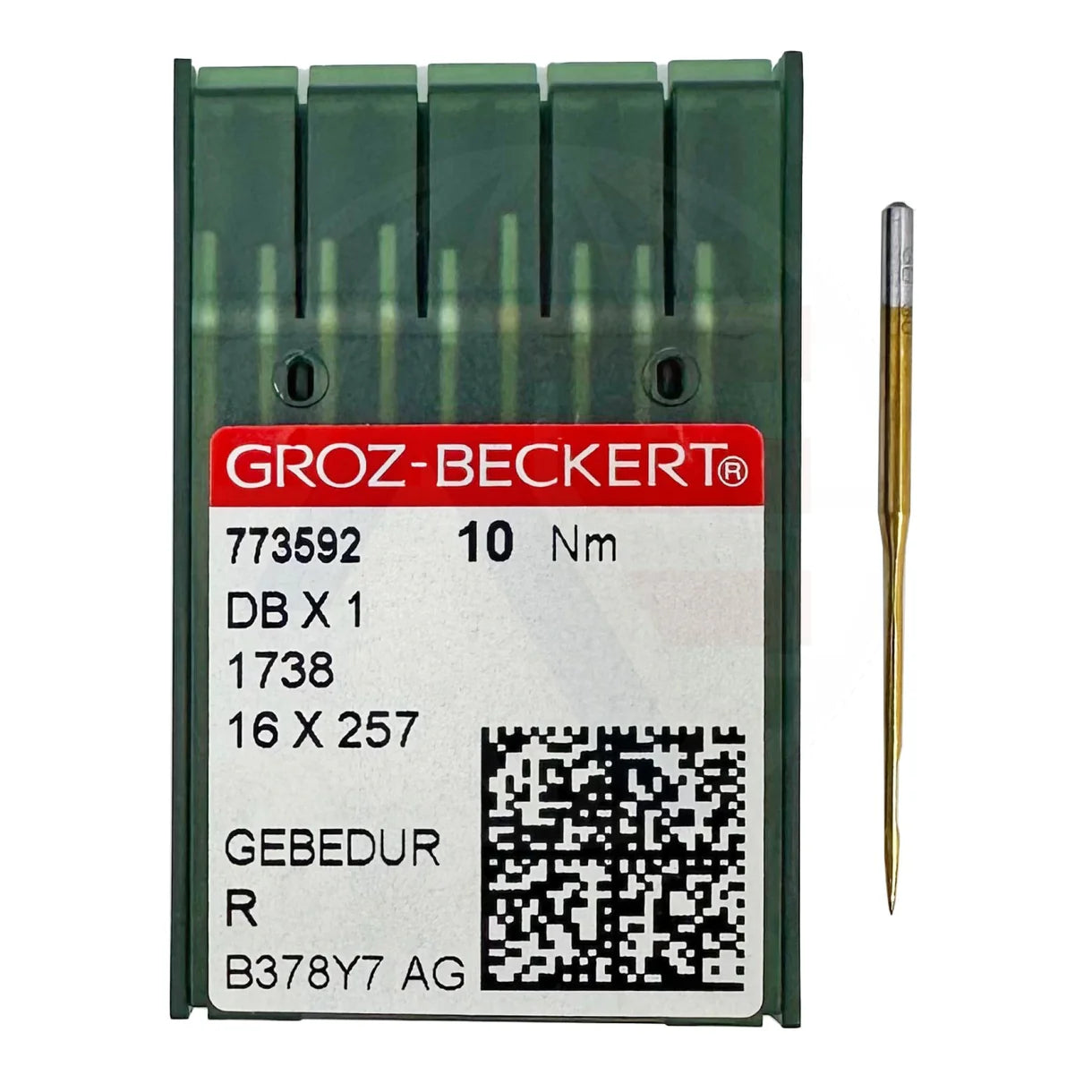 A pack of ten gold-colored titanium Groz-Beckert sewing machine needles with one needle shown beside.