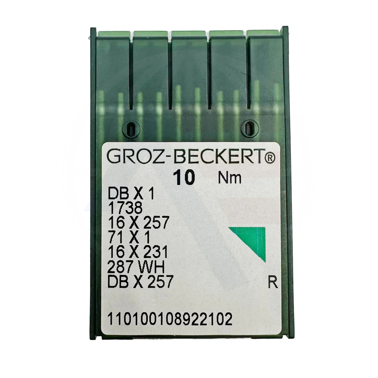 A 10-pack of Groz-Beckert 16x231 regular point sewing machine needles in a green plastic case.