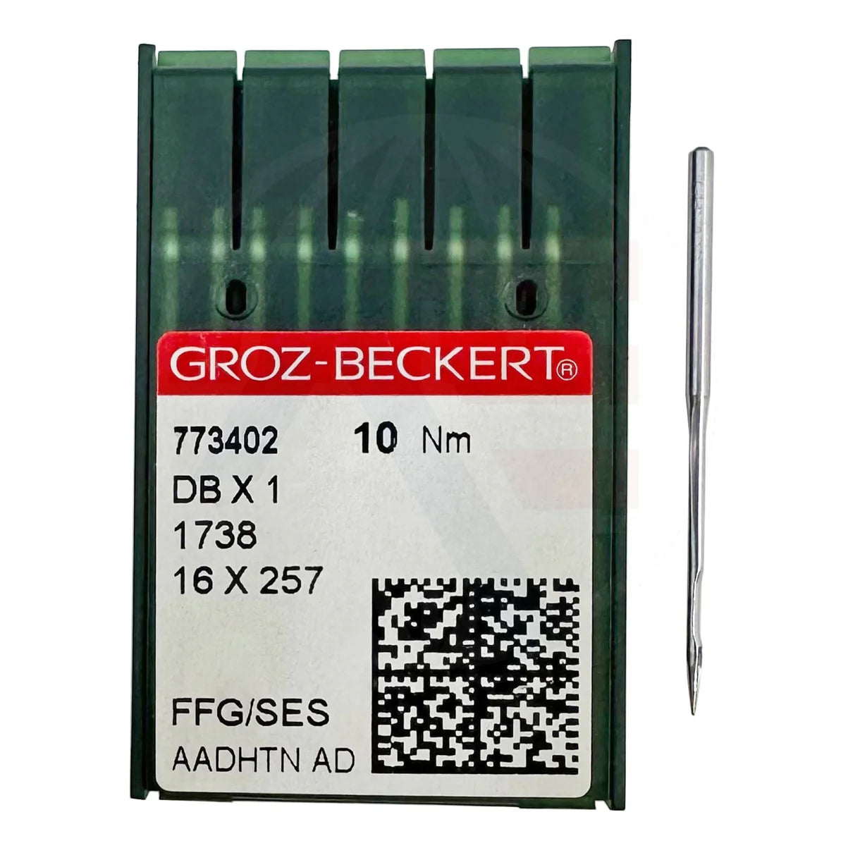A pack of ten Groz-Beckert 16X231SES light ball point sewing machine needles with one needle shown.