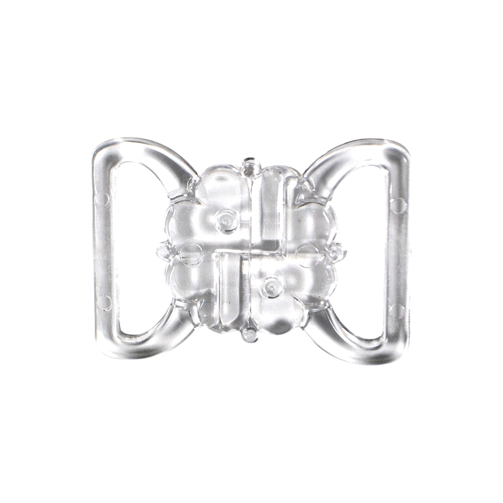 Clear nylon clasp with a floral design and two loops.