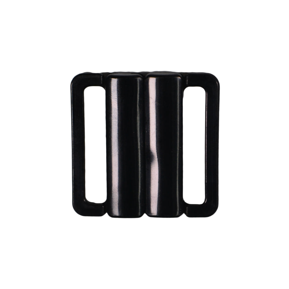 Black nylon bra clasp with two adjustable slots.
