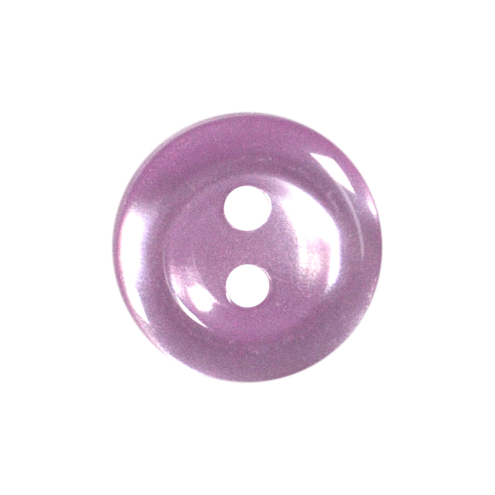 Polyester 2-hole shiny purple button with a metallic sheen.