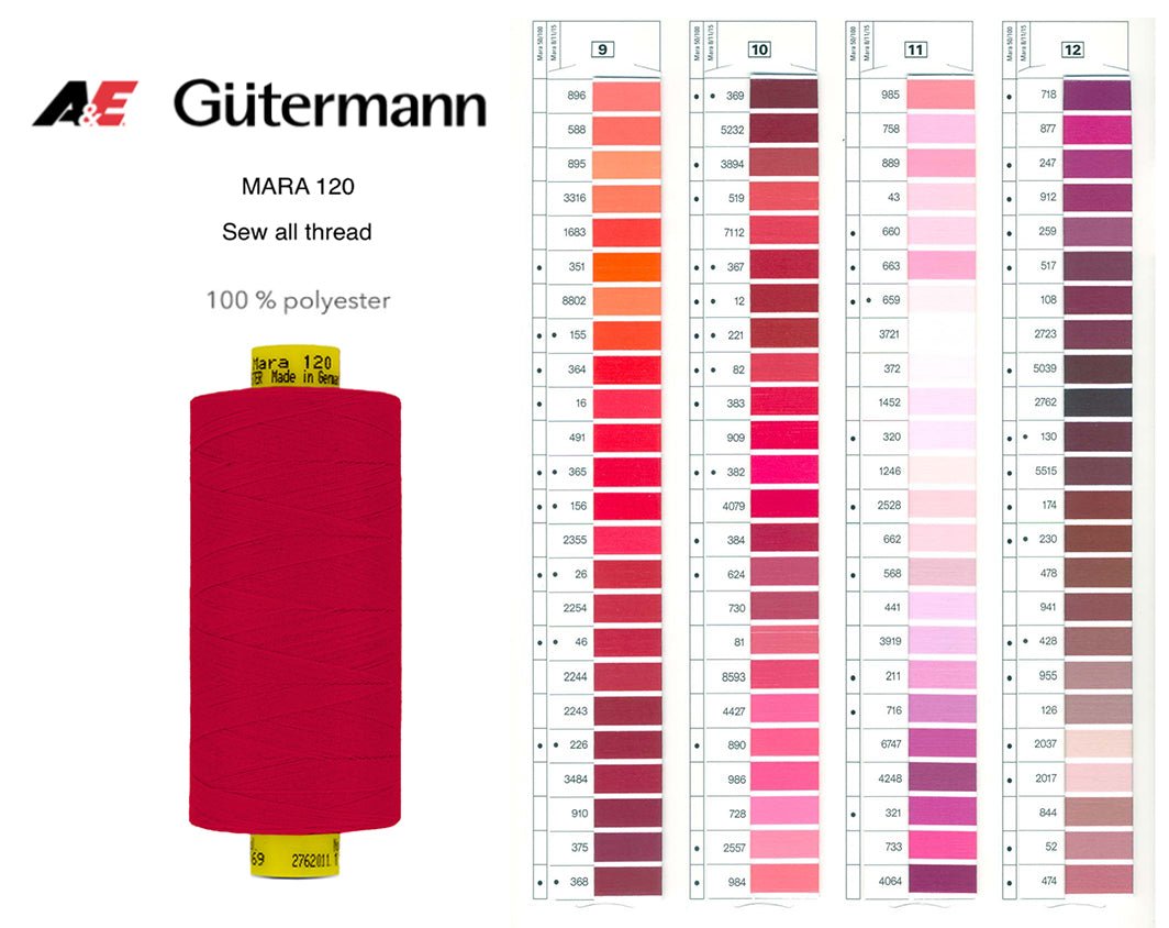 Gutermann Mara 120 red polyester thread spool with shade card.