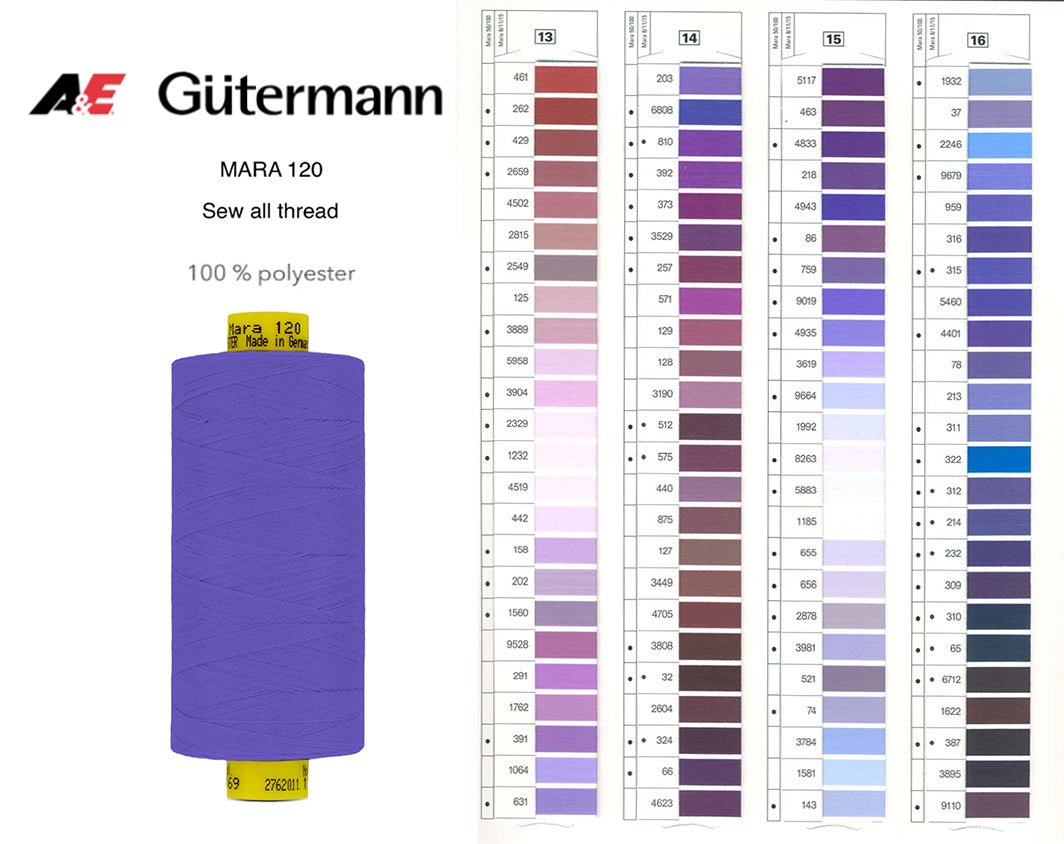A spool of purple Gutermann Mara 120 thread with a shade card.