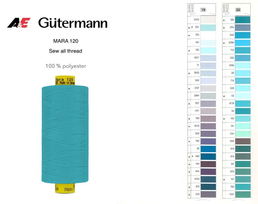 A 1000m spool of teal Gutermann Mara 120 polyester thread shown with its corresponding shade card.