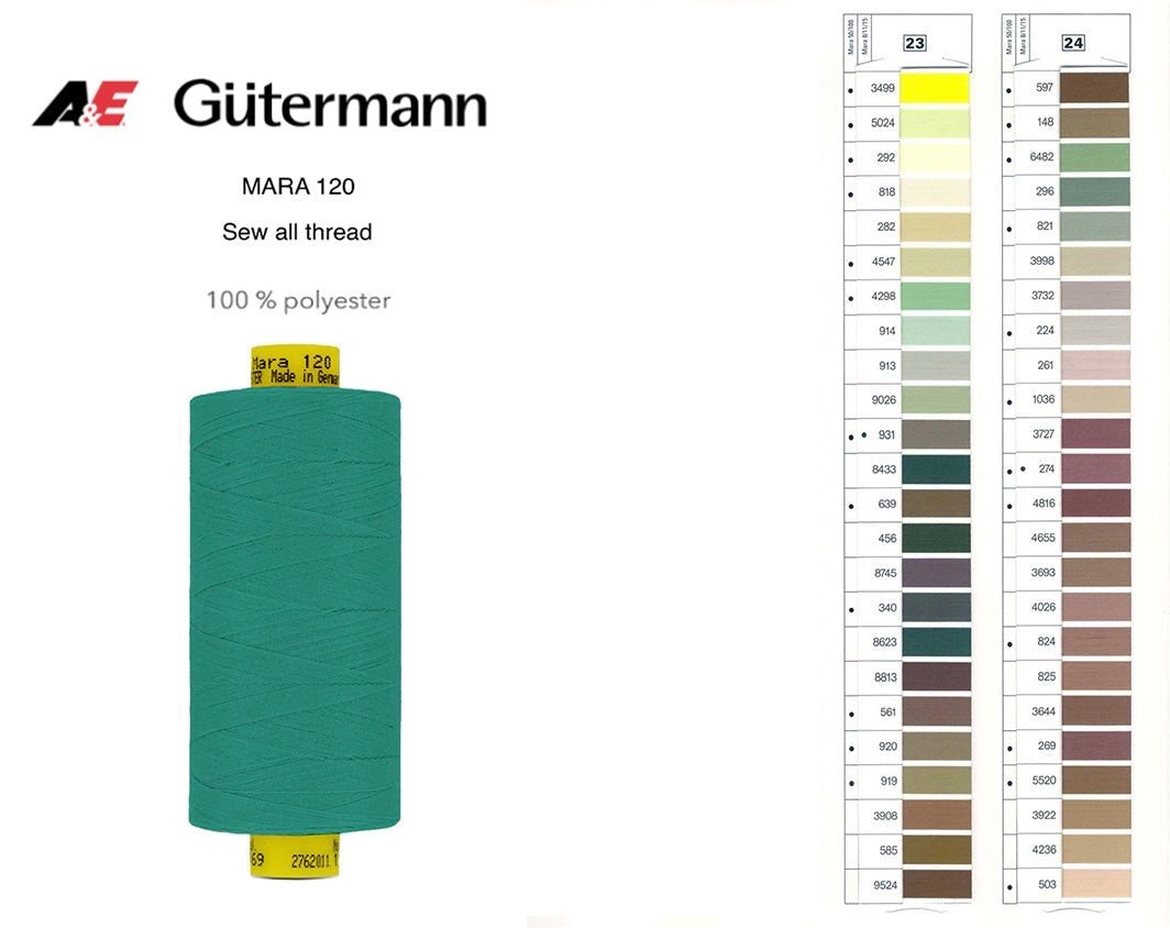 A spool of teal Gutermann Mara 120 polyester thread shown next to a numbered color shade card.
