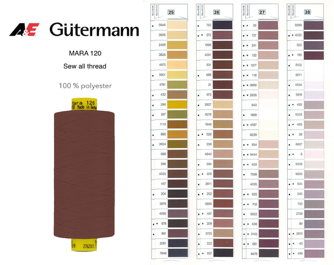 Gutermann Mara 120 polyester thread, shade 700, on a spool.