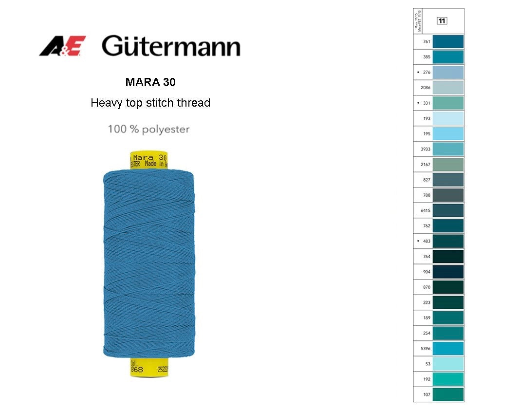 A 300m spool of blue Gutermann Mara 30 heavy top stitch thread shown with its color shade card.