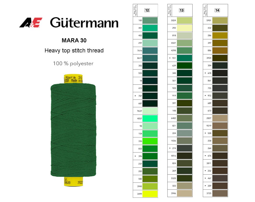 A spool of dark green Gutermann Mara 30 heavy top stitch thread with a color chart.