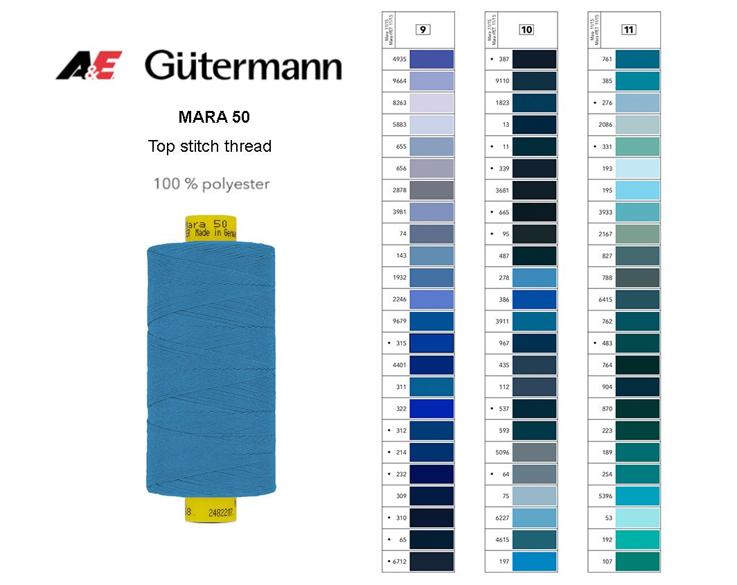 A spool of blue Gutermann Mara 50 polyester thread with a shade card.