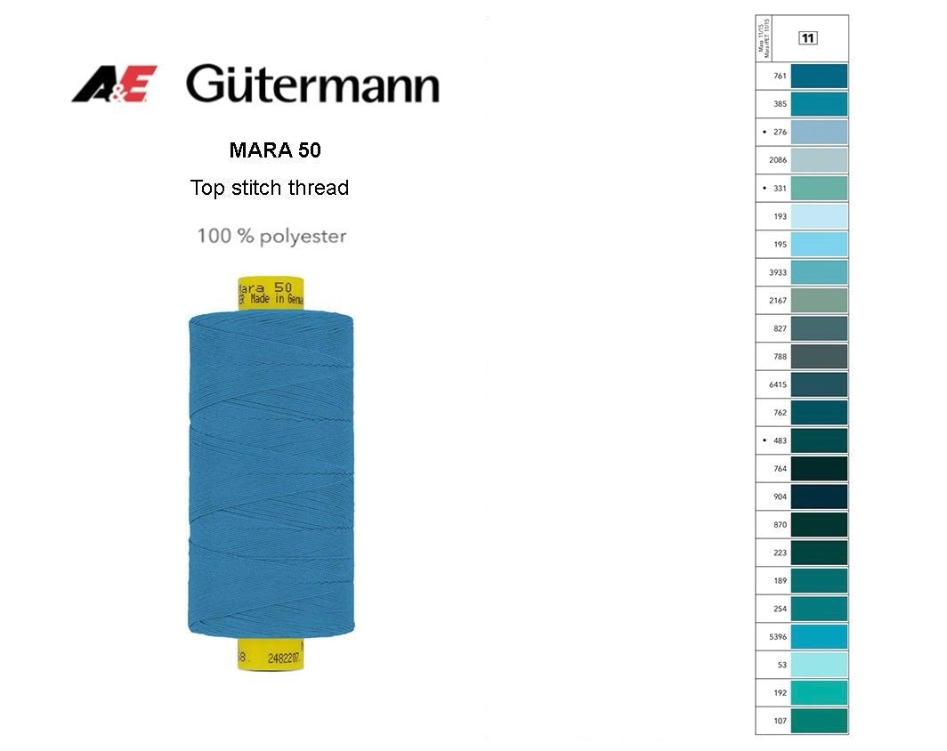 A 500m spool of blue Gutermann Mara 50 polyester thread shown next to a numbered shade card.